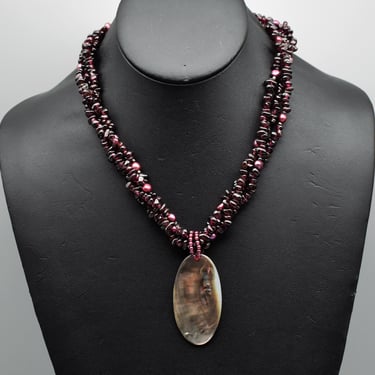 90's garnet pearl 925 LUC 3 strand torsade necklace, detachable garnet bead abalone shell pendant 