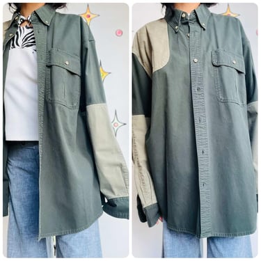 Vintage Military Green w Patches Grunge Utility Shirt or Jacket Outdoor | Size L 