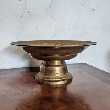 Vintage Hand Carved Etched Brass Pedestal Bowl 
