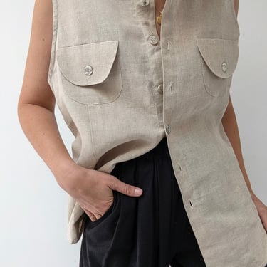 Vintage Sleeveless Wheat Linen Button Up