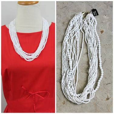 Vintage 50's 60's Long 24" Bohemian GLASS Bead Necklace Multi 13 Strand White NOS 
