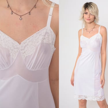 White Slip Dress 34 -- 70s Lace Lingerie Nightgown Nylon Mini Boho Sweetheart Neck Vintage Empire Waist Spaghetti Strap Bohemian Small S 