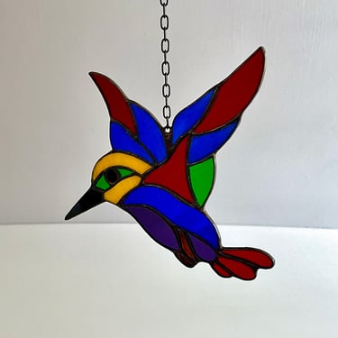 Vintage Stained Glass Hummingbird Suncatcher Sun Catcher - Soldered, Real Glass, Artist Made, Red Blue Yellow Green Purple Brown 