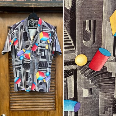 Vintage 1980’s Atomic New Wave Escher Art Style Optical Print Shirt, 80’s Vintage Clothing 