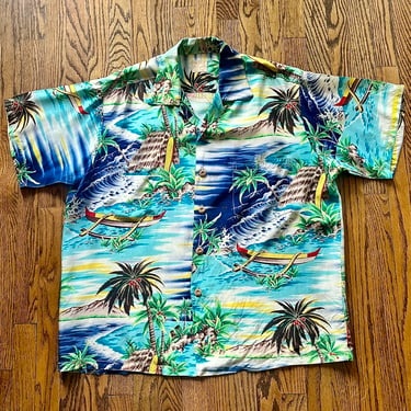 1950s Silky Rayon Scenic Outrigger And Surfboard Print Hawaiian / Aloha Shirt By Pali Large 