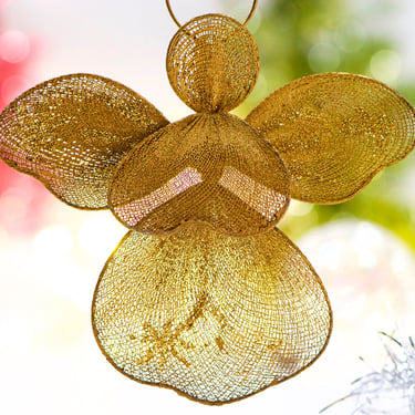 VINTAGE: Wire Gold Glittered Mesh Christmas Angel Ornament - Holiday, Christmas - SKU Tub-400- 