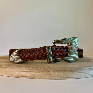Uruguay Made Genuine Leather Woven Weaved Silver Chunky Buckle Belt Size M 