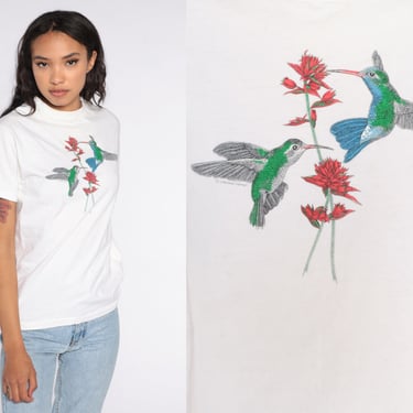 Hummingbird Tshirt 90s Bird Shirt Floral Tshirt Vintage Retro T Shirt Boho Tee 1990s Graphic Hanes Small S 
