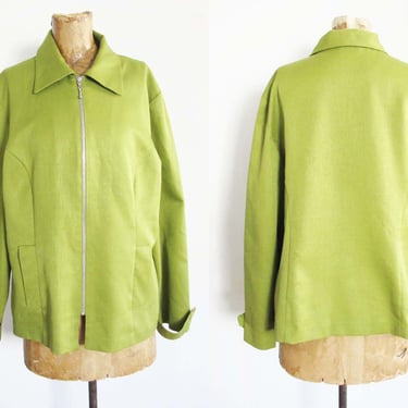 Vintage 2000s Lime Green Zip Up Cafe Jacket - Y2K Womens Bright Green Collared Boxy Silver Zip Jacket 