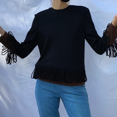 1960's Sweater / Winter Fringe Acrylic Knit Top / Three Quarter Length Sleeves with Looped Fringe 