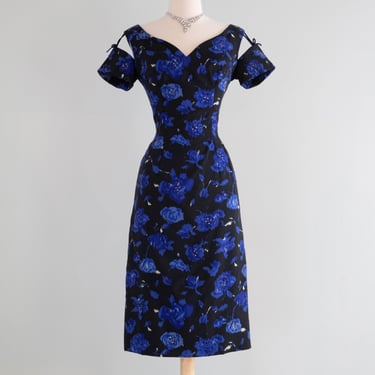 Gorgeous 1950's Midnight Garden Floral Cocktail Dress With Rhinestones and Suspended Sleeves / Med.
