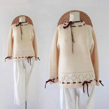 wool pointelle sweater - s/m - vintage 70s 80s cream beige ribbon bow cute womens size small medium long sleeve 