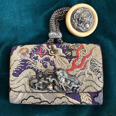 Amazing Antique Japanese Hand Embroidered Dragon Tobacco Pouch with Lovely  Netsuke ! 