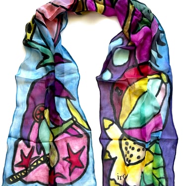 Vintage 90s Y2k Silk Chiffon Scarf Bright Graphic Artsy Streetwear Accessories 