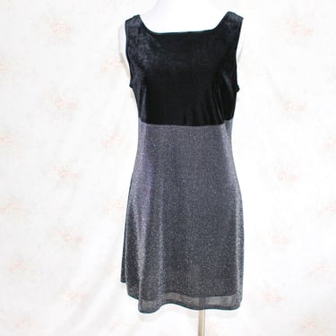 Vintage 90s Silver Metallic Dress, 1990s Party Dress, Velvet Mini Dress, Sparkly, Black, Glitter 
