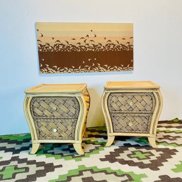 Boho Bamboo and Wicker Pair of Nightstands, Vintage Bohemian Rattan Side Tables, Boho Bedroom, Boho End Tables 