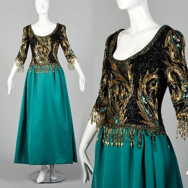 Medium Bob Mackie Boutique Green Dress Gold Beaded Black Bodice Full Satin Skirt Ball Gown 