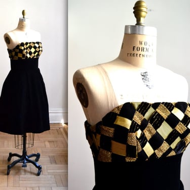 Vintage 80s 90s metallic Prom Party Dress Black Strapless Dress Velvet Crinoline// 80s does 50s Prom Dress Victor Costa Size Small Medium 
