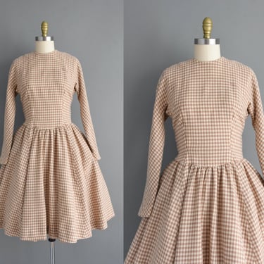 1950s vintage dress | Artkay Beige & Ivory Plaid Print Wool Sweeping Full Skirt Dress | Large | 50s dress 