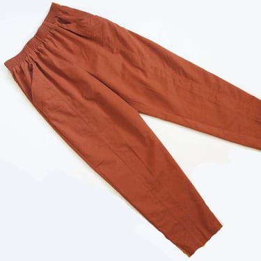 Vintage 80s Rust Brown Elastic Waist Pants S M - High Waisted  Earth Tone Trousers- Fall Tapered Leg Casual Cotton Minimalist Pants 