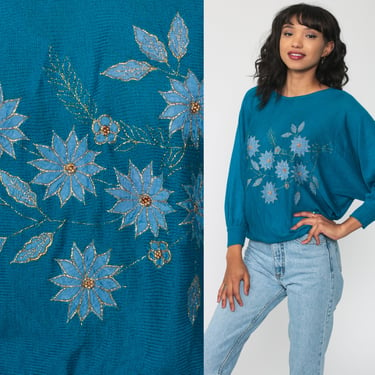 Floral Sweater 80s Blue BEADED Sweater Dolman Sleeve Sweater Graphic Print Knit Slouchy Pullover Sweater Vintage Jumper Small Medium 