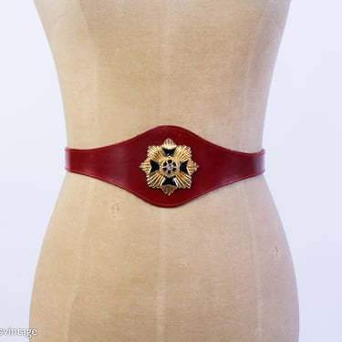 1980s Red Leather Belt | 80s Gold Medallion Leather Belt | Pierre Cardin | Small 