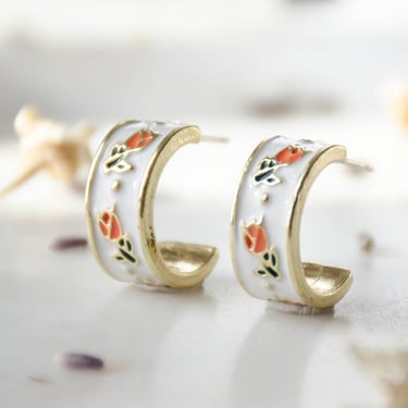 flower hoop earrings, cute cottagecore y2k earrings, tiny dainty enameled tulip bohemian nature woodland gift for her 