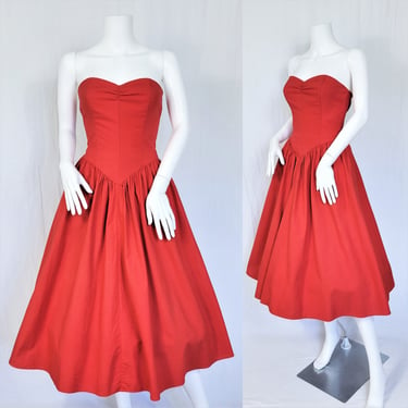 1980's Red Cotton Sweetheart Circle Skirt Strapless Dress I Sz Med I All That Jazz 