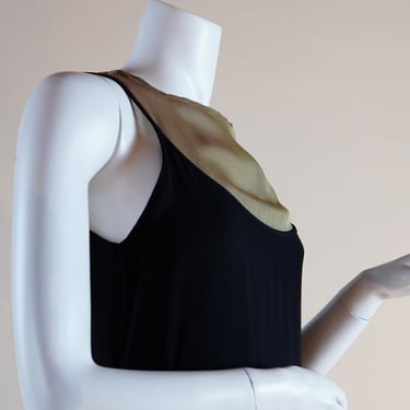 1990s Jean Paul Gaultier Classique dress with sheer silk inserts - designer vintage minimalist dress with olive peach slip & black overlay 