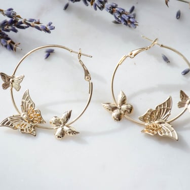 gold butterfly earrings, skinny big hoop earrings, insect earrings, bohemian nature woodland gift for her, cute earrings 