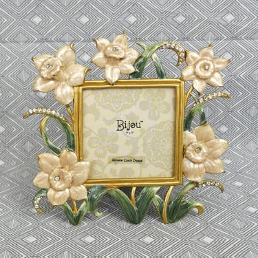 3 x 3 Daffodil Picture Frame - Bijou w/ Genuine Czech Crystals - Muted green, peachy beige on gold tone metal - 3