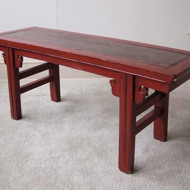 Vintage CHINESE Asian Style RED Lacquered BENCH Wood 43x14x18&amp;quot; Woven Top Decorator Rustic Primitive Mid-Century Modern japanese zen antique 