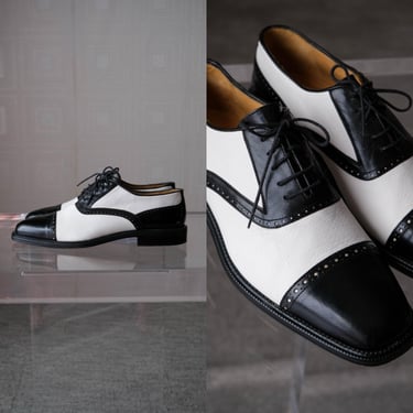 Vintage 90s JOHNSTON & MURPHY Cellini Black and White Leather Cap Toe Saddle Lace Up Shoes | Made in Italy | Size 10 | 1990s Designer Shoes 