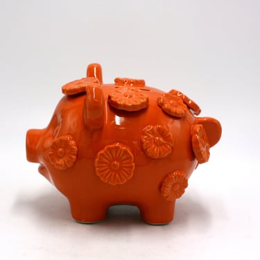 vintage Orange Ceramic Boho Piggy Bank 