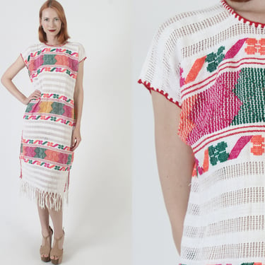 Womens Traditional Mexican Caftan Dress, Gautemalan Woven Canvas Sundress, Ethnic Cotton Geometric Beach Cover Up 