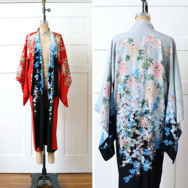 vintage 1930s ~ 40s Japanese floral kimono • rare reversible screen-printed rayon kimono robe in blue & red 