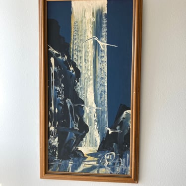 Mid Century Modern Blue Waterfall Original Signed Painting 
