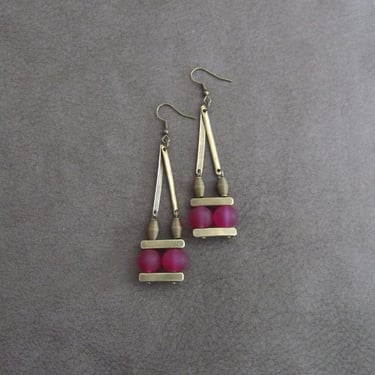 Mid century modern earrings, Brutalist earrings, minimalist earrings, hot pink unique artisan earrings, frosted sea glass earring 333 