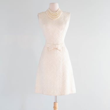 Darling 1960's Ivory Herringbone Brocade Cocktail Dress By Shannon Rodgers / SM