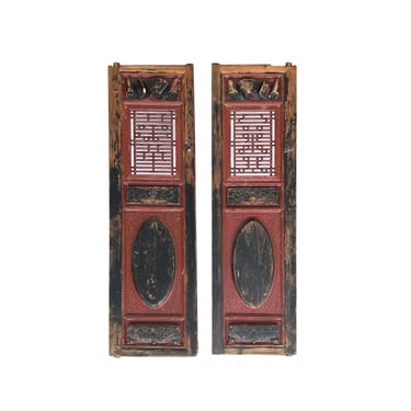 Pair Vintage Chinese Red Black Fujian Style Carving Wood Wall Door Panels ws3659E 