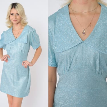 60s 70s Babydoll Dress xl Metallic Blue Sparkly Mini Party Cocktail Hippie Puff Sleeve Boho Vintage 1960s Empire Waist Mod Large xl 