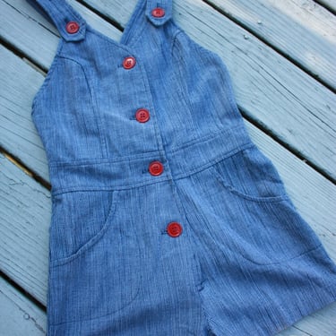 70s Hickory Stripe Overalls Romper with Red Buttons Size XXS 