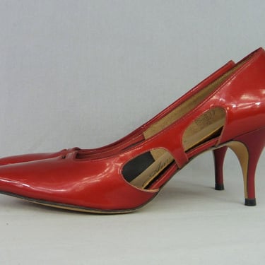 60s Cherry Red Patent Heels - Cut Out Detail Pointy Toe - American Girl Shoes - Rockabilly Pumps - Vintage 1960s - 9 aa Narrow 