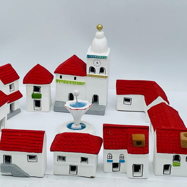 Vintage 12 PC Set Folk-art Made in Ecuador Small House Red Roofs Village Scene clay original piece 