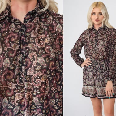 Paisley Mini Dress 70s Black Psychedelic Dress Button up Shift Long Sleeve Retro Boho Hippie Minidress See Through Vintage 1970s Small S 