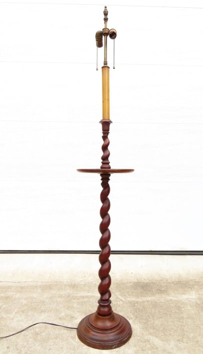 ANTIQUE Mahogany BARLEY TWIST FLOOR LAMP W/ SIDE TABLE; HUBBELL 2 SOCKET CHAIN