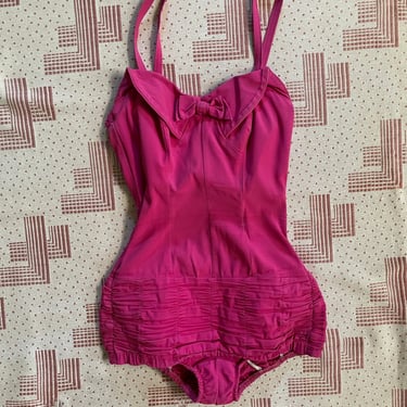 Vintage 1950s Pink Ruched Bathing Suit with Bow 