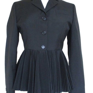 Romeo Gigli, Vintage 93, Pleated Peplum, Blazer, Jacket, Size 40, Black Wool Blend, Hourglass 