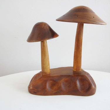 Vintage Carved Wood Mushroom Statue - Brown Wooden Tabletop Mushroom Fungi Decor - Woodland Forest Gnome Cozy 