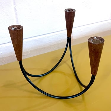 Vintage 60s Danish Modern Teak and Wrought Iron Candlestick Holder 